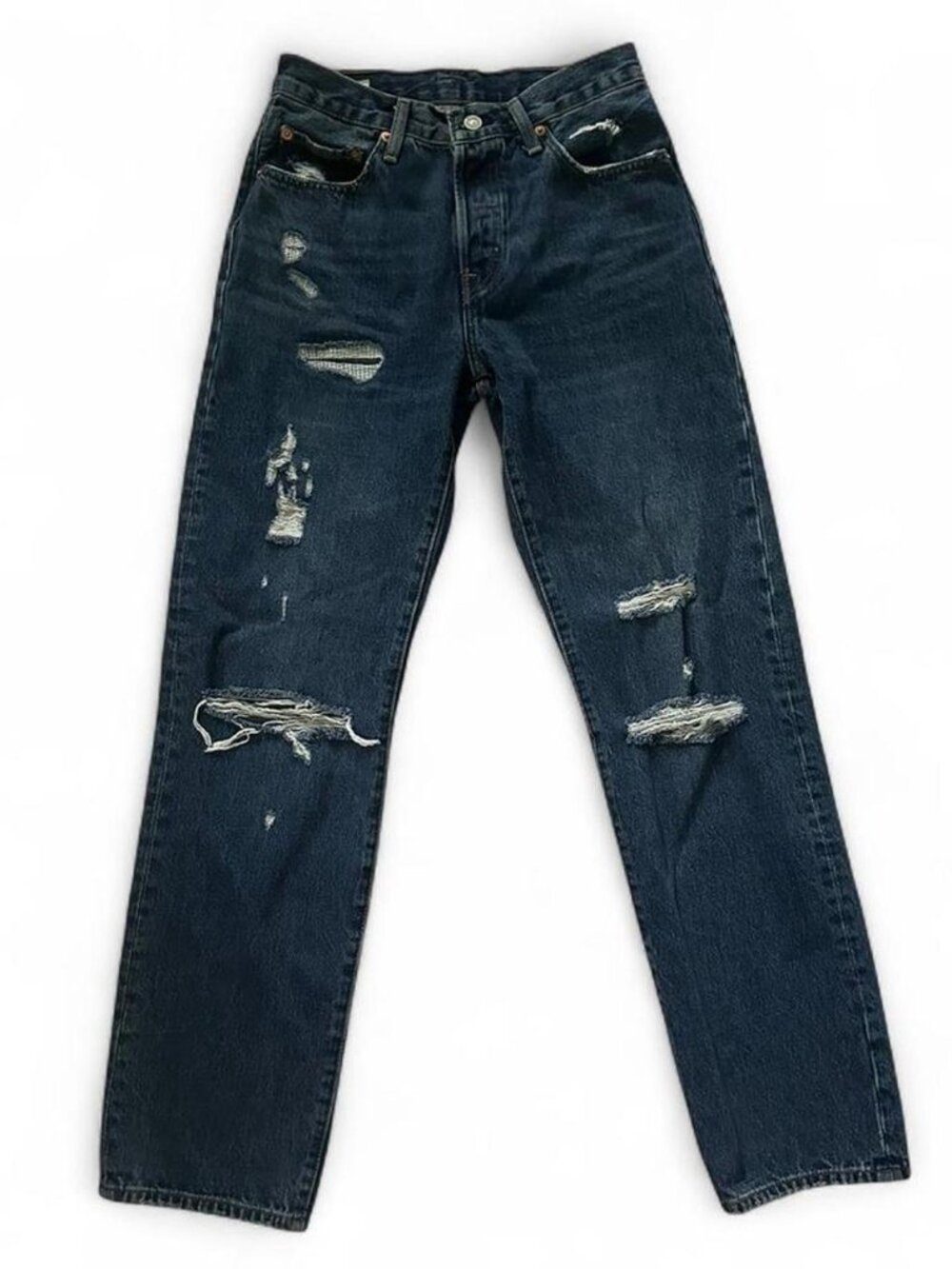 Levi's 501 navy blue jeans with distressed details